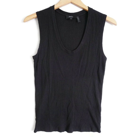 Theory Tops - Theory Womens Ribbed Tank Top Sleeveless Black Pima Cotton Blend Size Large